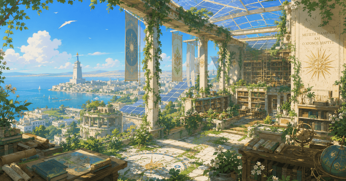 A sunlit archive room overlooking a coastal city.